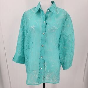 Alfred Dunner Blouse Womens Large Sheer Butterfly Floral Burnout Glitter Blue